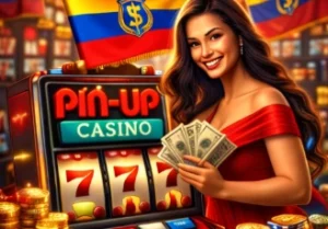 Pin-Up Casino Ecuador con máquina tragamonedas 777 y jugadora ganando dinero real en dólares en casino online Ecuador